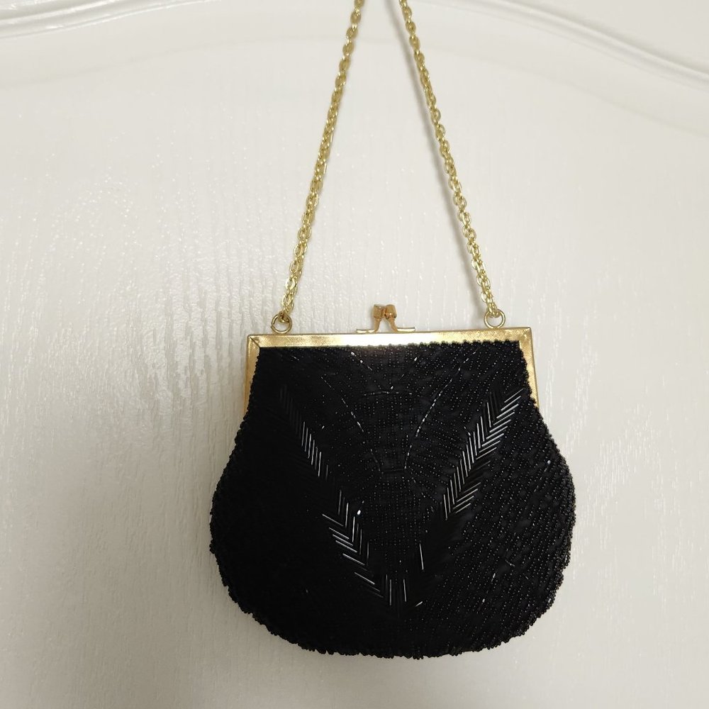 Vintage Magid Hong Kong Evening Bag Beaded Purse Metallic Black